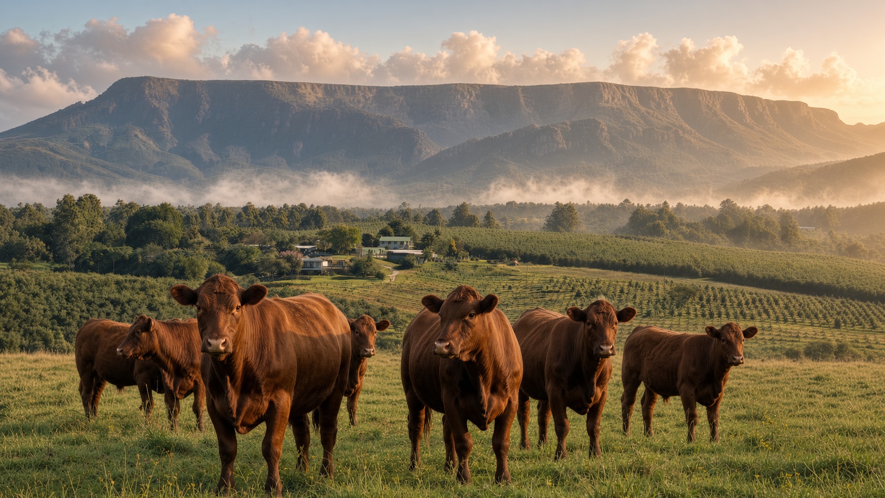 Brown Brangus on pasture with the Kaapsehoop escarpment behind