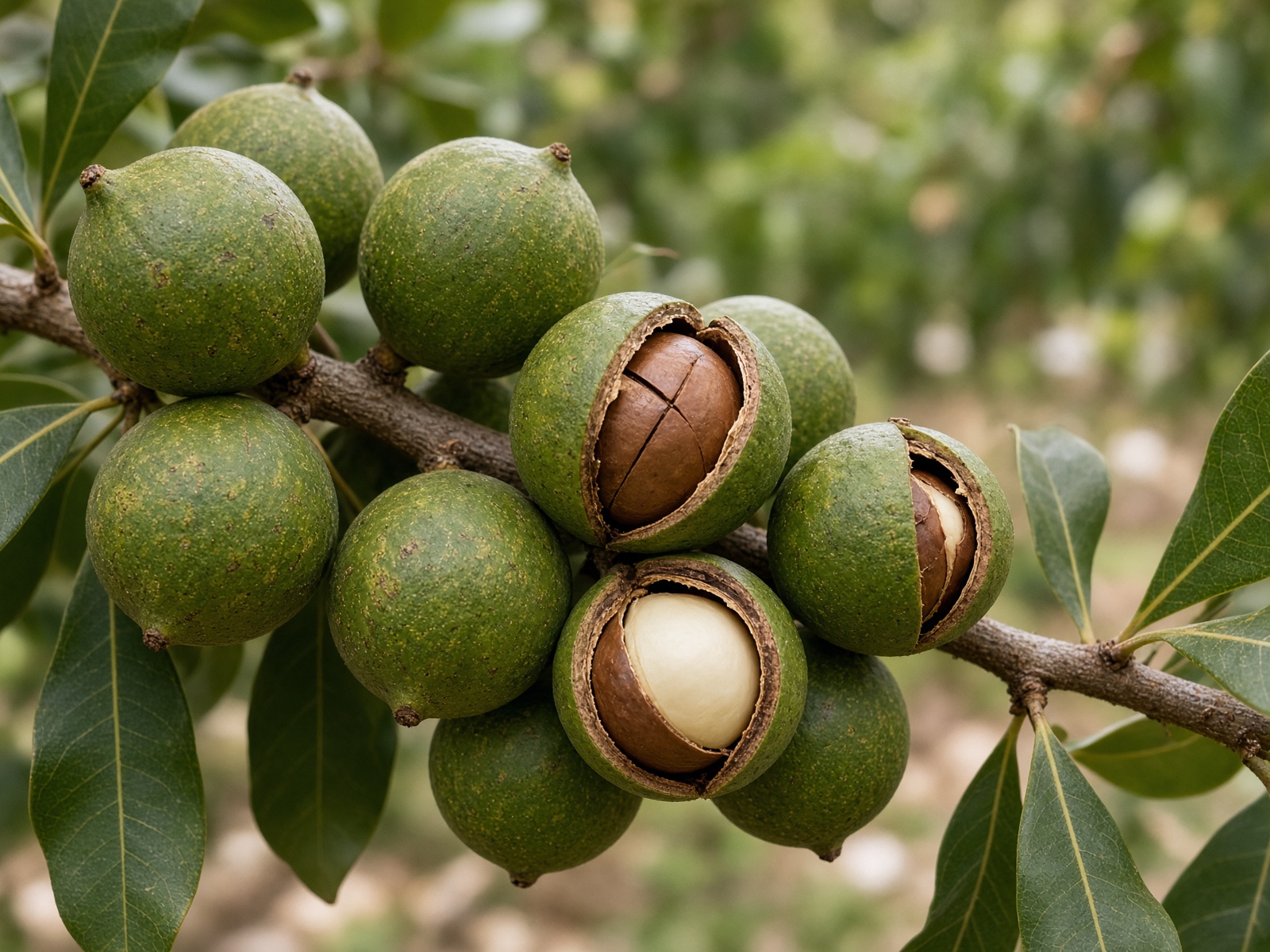 Macadamia husks splitting on the branch