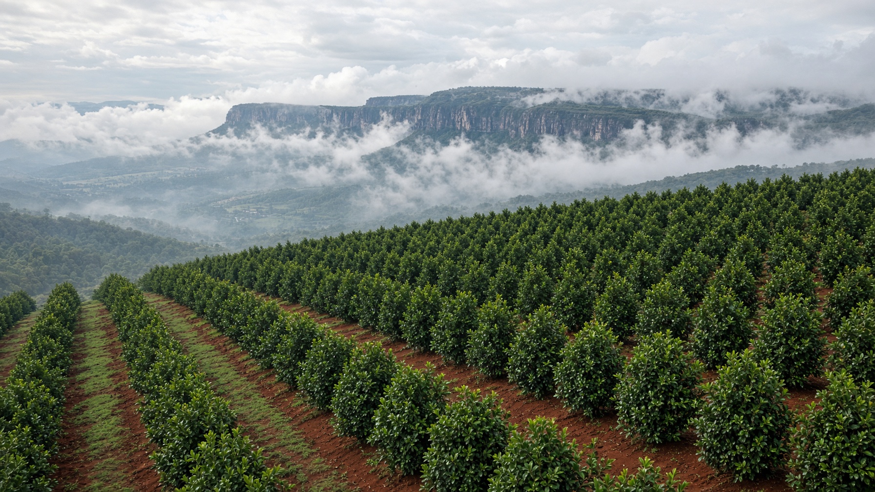 Macadamia orchard rows on a slope toward the escarpment
